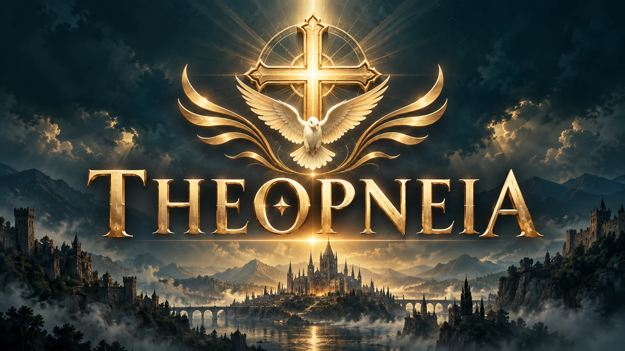Theopneia — golden cross and dove above a medieval city